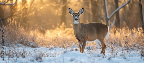 Majestic deer standing in serene winter snow-covered forest landscape © AkuAku