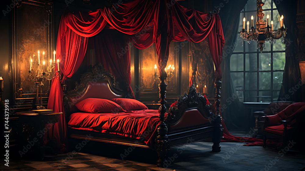 Ornate bed with red canopy and sheets in a cozy, dimly lit room with antique charm - obrazy, fototapety, plakaty 