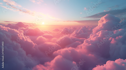 Beautiful Aerial View Above Clouds at Sunset, Majestic Sky Landscape with Sunrays Peeking Through Clouds, Generative Ai