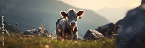 Cute calf in the field on the background of the mountains