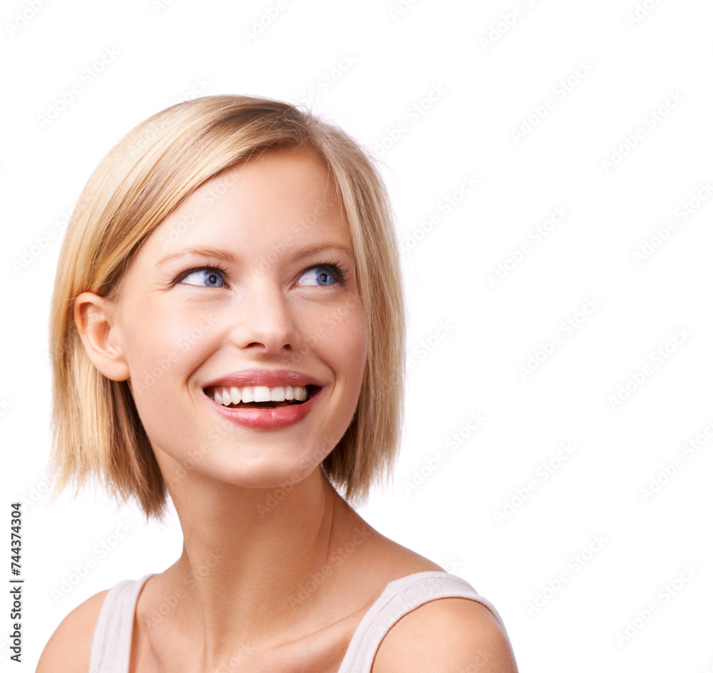 Skincare, vision and space with aesthetic woman in studio isolated on white background for self care. Face, beauty and thinking with confident young person on mockup for cosmetics or dermatology Skincare, vision and space with aesthetic woman in studio isolated on white background for self care. Face, beauty and thinking with confident young person on mockup for cosmetics or dermatology