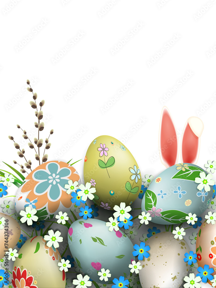 Easter composition in a light blue hue with magnificent eggs, flowers, a willow branch and rabbit ears.