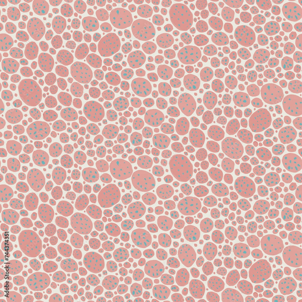 Seamless pattern with charming hand drawn pink gouache polka dots. Modern boho pattern