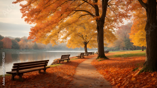 autumn landscape with colorful trees around the pond and bench in a city park