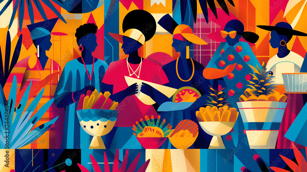 illustration of a diverse group, background with sombrero straw, Cinco de mayo, ai generated