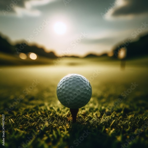 Golf ball sits on tee at the start of long drive, on golf course 