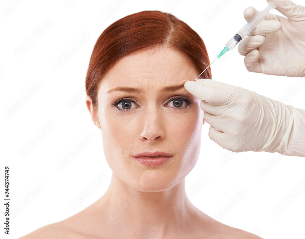Woman, portrait and hands or botox syringe or anti aging skincare procedure, wrinkles or plastic surgery. Female person, scared and needle or forehead injection or studio, mockup or white background