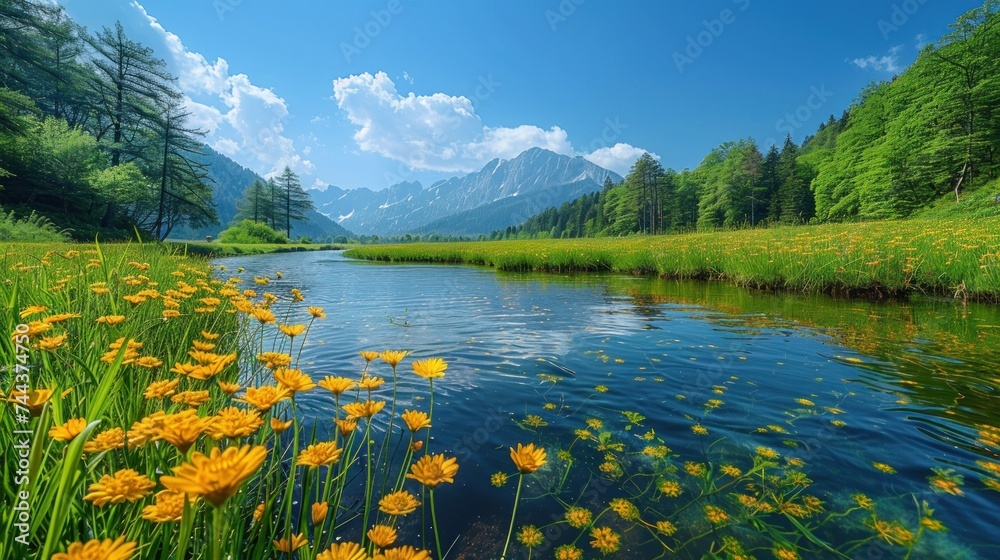 Panoramic view on mountain lake in front of mountain range