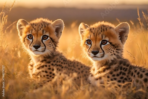 Group of baby cheetahs romp and play amidst the golden grass photo