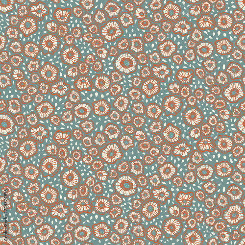 Seamless ditsy tropical pattern, gouache painted abstract stylized plants, flowers background, boho style. Peach, orange, turquoise, blue, pink, white colors