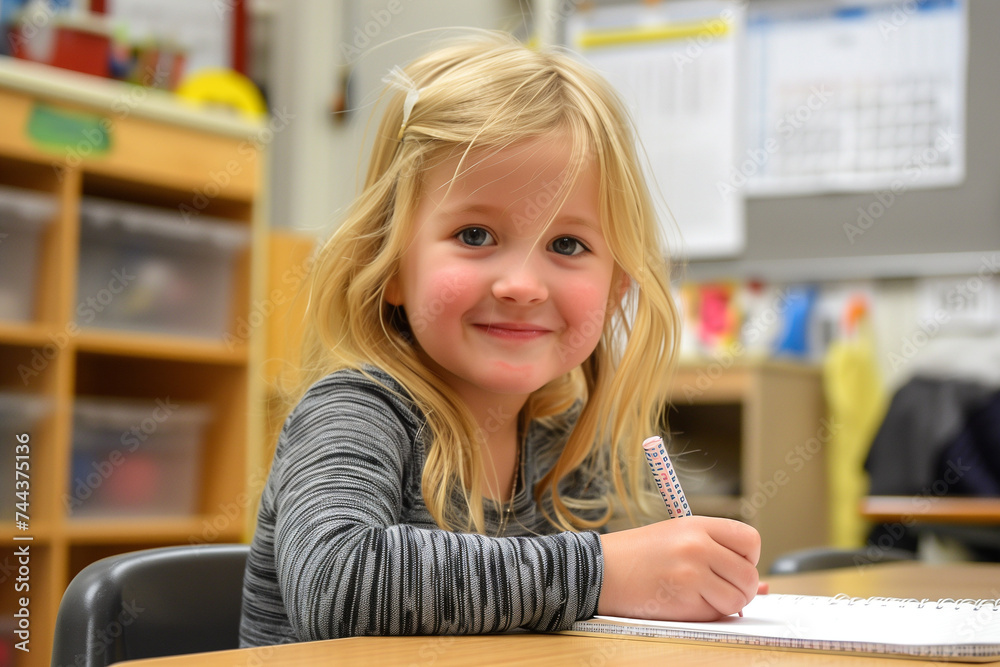 Little smiling blond girl sitting in the school classroom Little smiling blond girl sitting in the school classroom