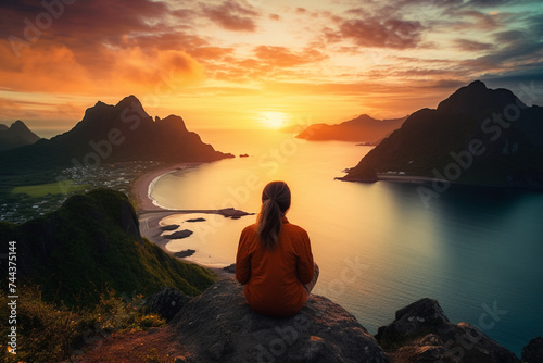 Aerial view of a woman watching the sunset on the picturesque mountain beach © alisaaa