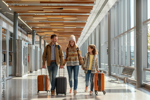 happy family walking through airport with luggage