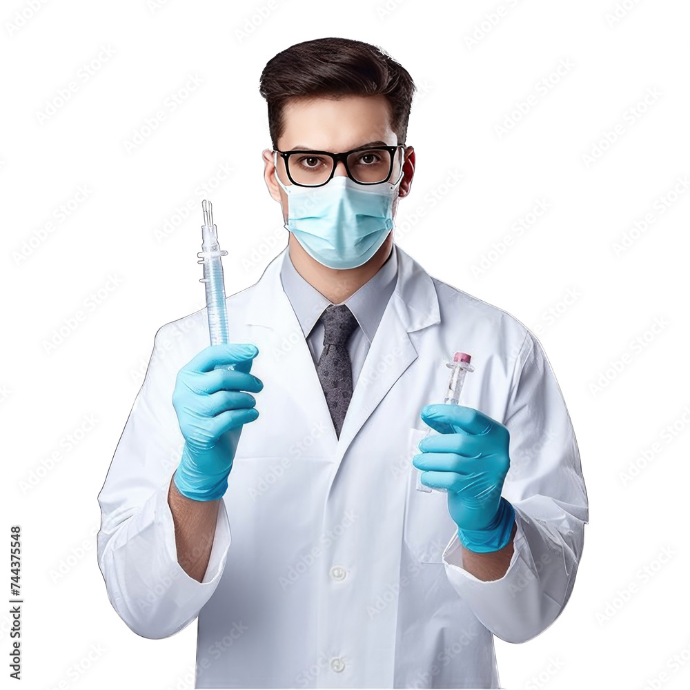 A male doctor in a white lab coat and blue gloves is holding two syringes filled with liquid. A male doctor in a white lab coat and blue gloves is holding two syringes filled with liquid.