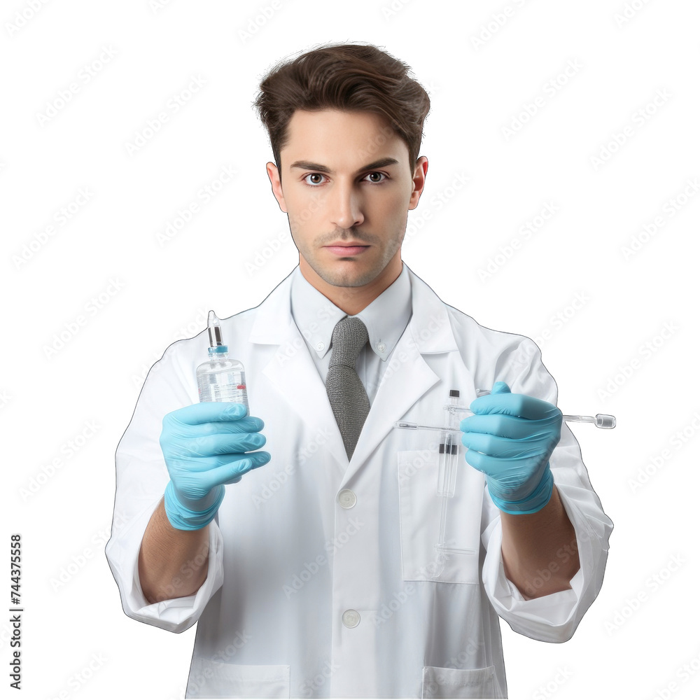 A male doctor in a white lab coat and blue gloves is holding two syringes filled with liquid. A male doctor in a white lab coat and blue gloves is holding two syringes filled with liquid.