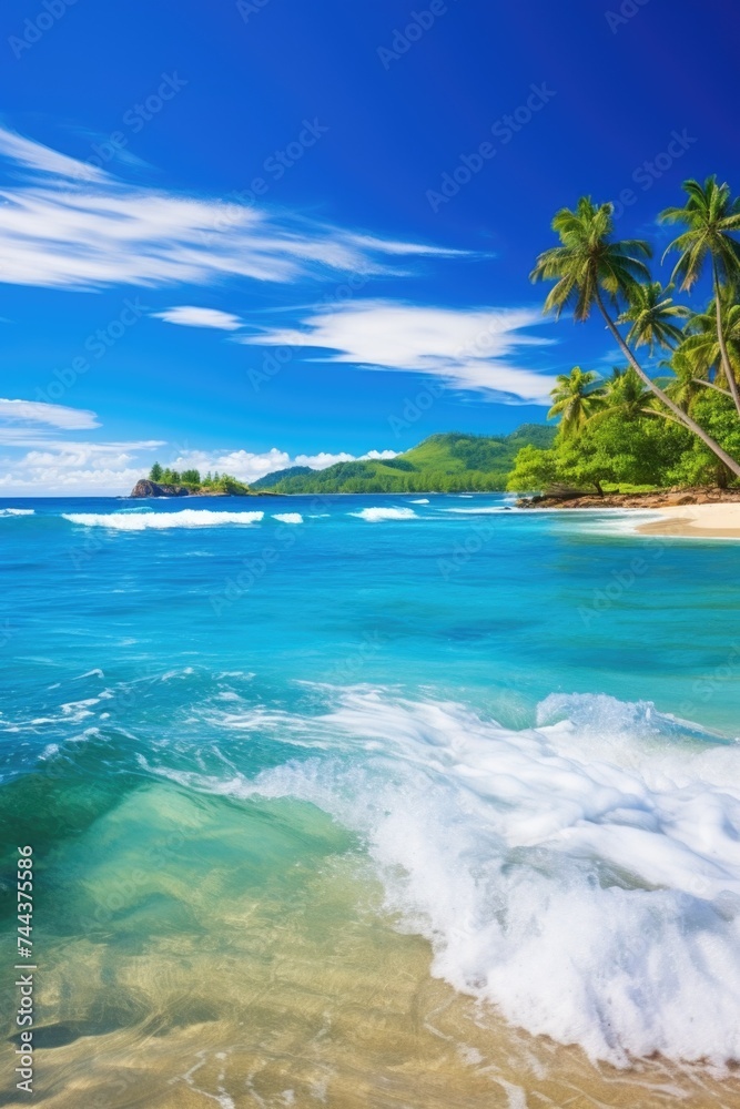 Palm trees on the background of the sea and blue sky
