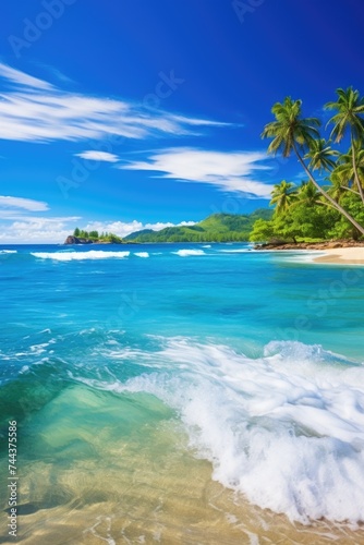 Palm trees on the background of the sea and blue sky