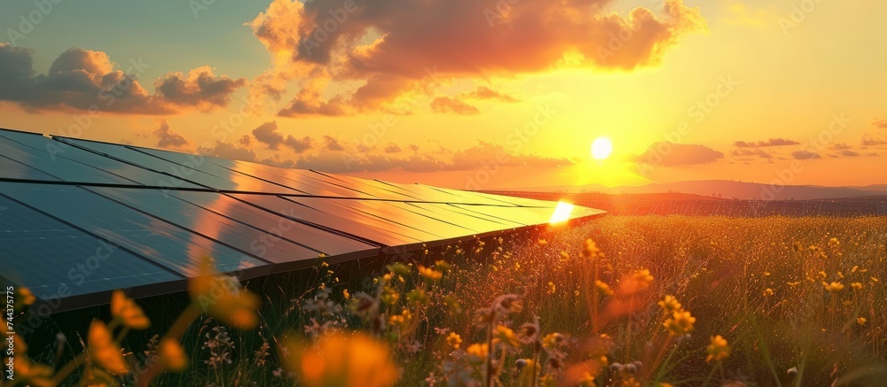 Beautiful field of solar panels capturing sun's energy at sunset in a renewable energy farm