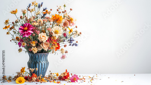 Bouquet of wilted flowers in a vase cut out on white background, perfect for floral design projects, Generative Ai

 photo