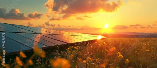 Beautiful field of solar panels capturing sun's energy at sunset in a renewable energy farm