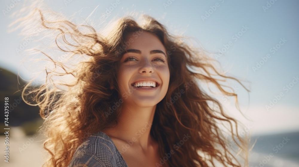 Fototapeta premium Close-up of a happy beautiful young smiling woman with long curly hair flying in the wind, enjoying by the sea against the blue sky on a sunny day. Healthy lifestyle, Summer Holidays, Vacations.