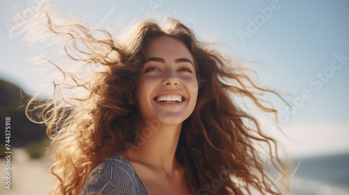 Close-up of a happy beautiful young smiling woman with long curly hair flying in the wind, enjoying by the sea against the blue sky on a sunny day. Healthy lifestyle, Summer Holidays, Vacations.