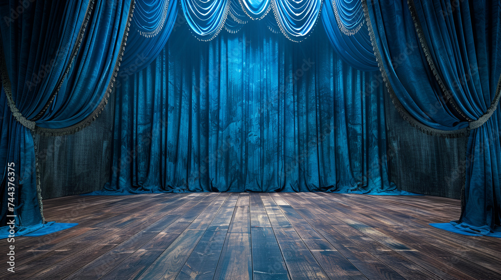Bright blue stage curtains theater drapes and wooden stage floor background, perfect for theatrical or performance concepts, Generative Ai

 - obrazy, fototapety, plakaty 