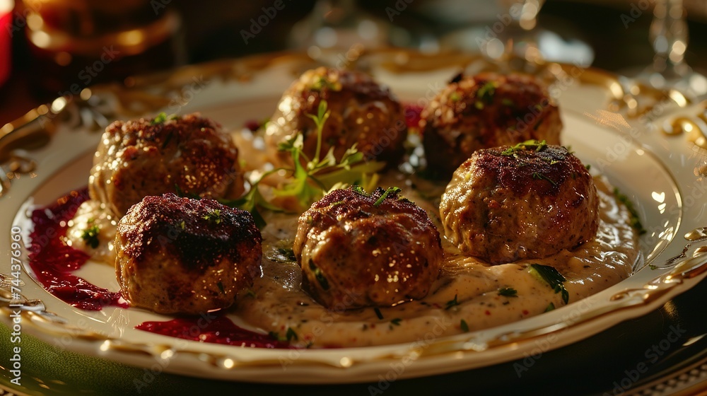 Golden brown Köttbullar, the famous meatballs, present themselves as a delicious delicacy on a traditional Swedish plate. The background of the plate reflects a Scandinavian design and Swedish colors Golden brown Köttbullar, the famous meatballs, present themselves as a delicious delicacy on a traditional Swedish plate. The background of the plate reflects a Scandinavian design and Swedish colors