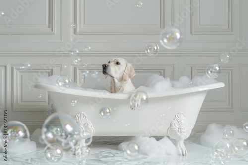 Labrador Retriever in white luxury bathtub