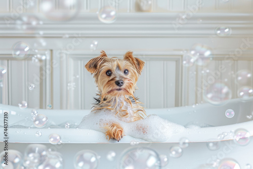 Yorkshire Terrier in white luxury bathtub
