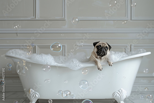 pug in white luxury bathtub