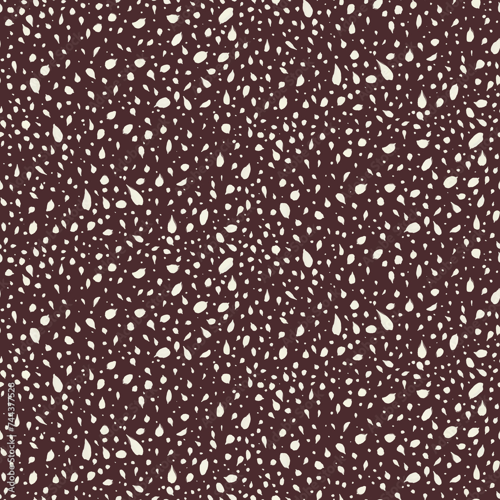 seamless ditsy pattern with abstract white flying petals on a dark brown background.