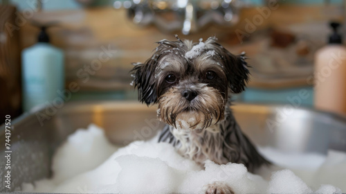 Shih Tzu grooming in a bath