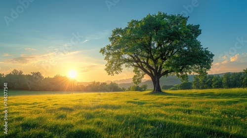 a panoramic vibrant rural landscape with clear blue sky before sunset tree on a green meadow © haizah