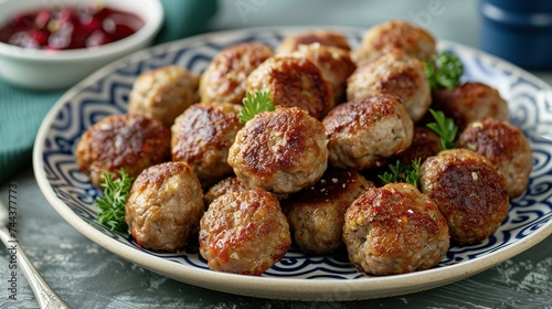 Golden brown Köttbullar, the famous meatballs, present themselves as a delicious delicacy on a traditional Swedish plate. The background of the plate reflects a Scandinavian design and Swedish colors