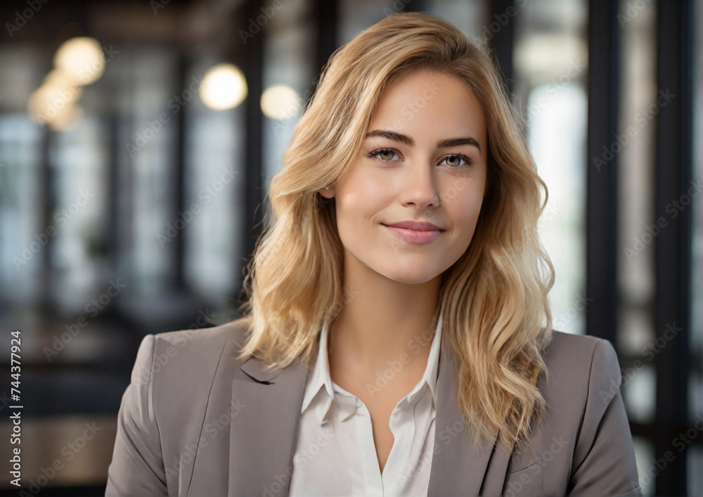 Fototapeta premium Smiling young businesswoman portrait shot, businesswoman looking away with pensive face, dreaming, thinking over project tasks, future lifestyle. Generative AI