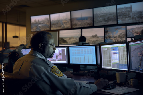 african american security officer working in control room