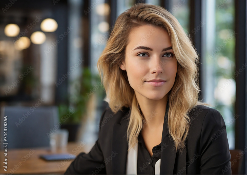 Fototapeta premium Smiling young businesswoman portrait shot, businesswoman looking away with pensive face, dreaming, thinking over project tasks, future lifestyle. Generative AI