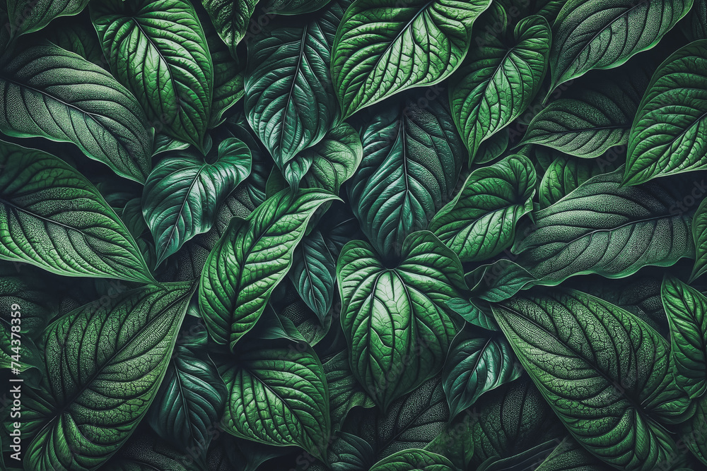 Dense foliage of green leaves presents a textured backdrop with a dynamic play of light and shadow
