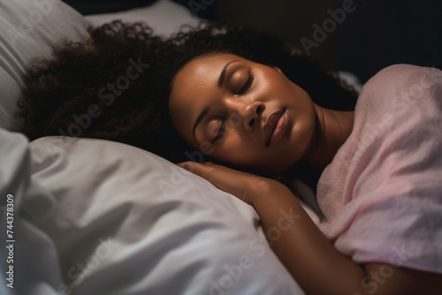 African American woman sleeping soundly in her bed at home photo