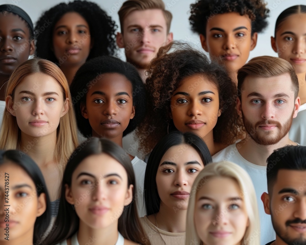 Intensely focused group portrait of diverse young men and women looking at the camera
