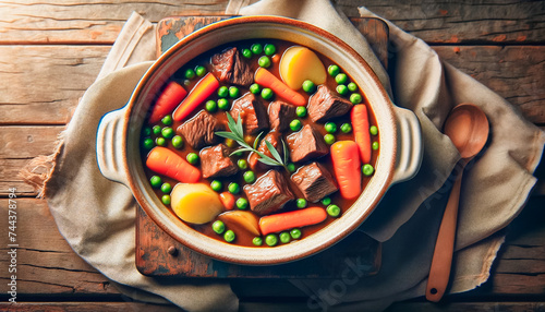 Hearty beef stew with carrots, peas, potatoes, and herbs in a ceramic bowl on a rustic wooden table