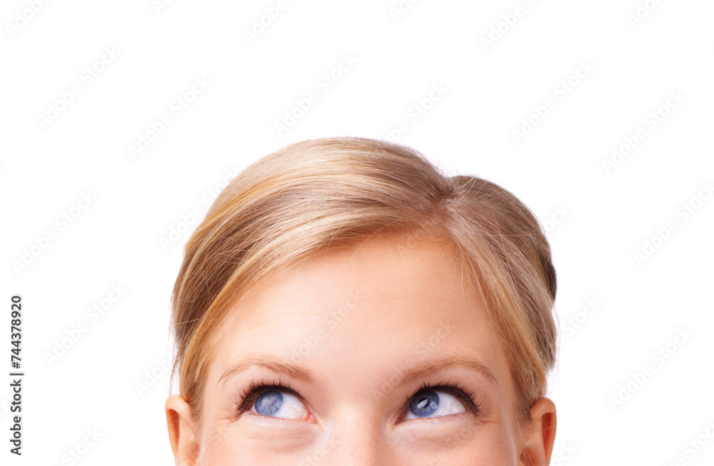 Thinking, eyes and woman in studio with mockup space for advertising, promotion or marketing. Ideas, problem solving and half face of person with brainstorming expression by white background. Thinking, eyes and woman in studio with mockup space for advertising, promotion or marketing. Ideas, problem solving and half face of person with brainstorming expression by white background.