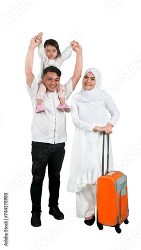Happy muslim family of three posing with suitcases