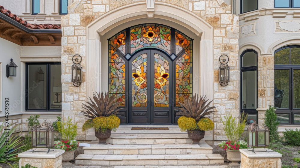 Custommade stained gl windows add a touch of elegance and artistry to this homes façade creating a beautiful play of light and color throughout the day.
