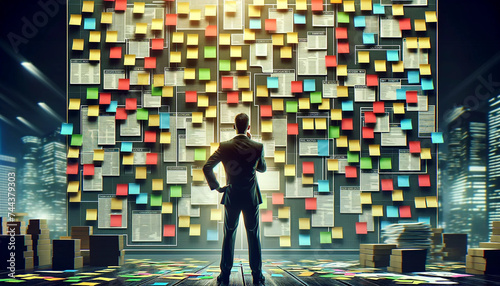 Wallpaper Mural illustration a businessman looking at a wall full of post-it notes.  Torontodigital.ca