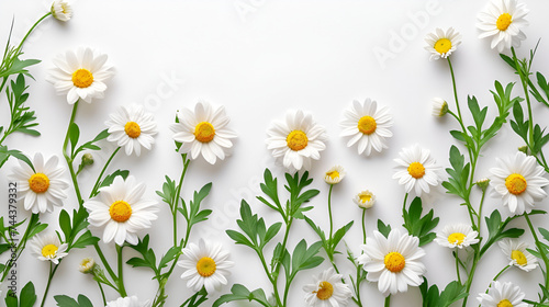 Chamomile Flowers with Green Leaves Isolated on White Background, Fresh Chamomile Blossoms - Generative AI