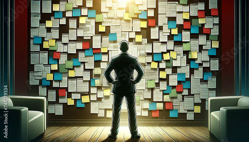 illustration a businessman looking at a wall full of post-it notes. 