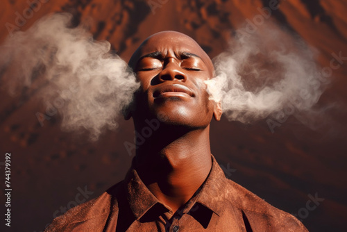 african man with eyes closed and steam coming from ears