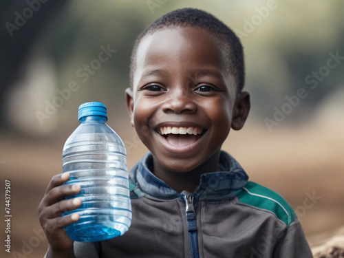 Extremely happy African boy with water bottle in hand.